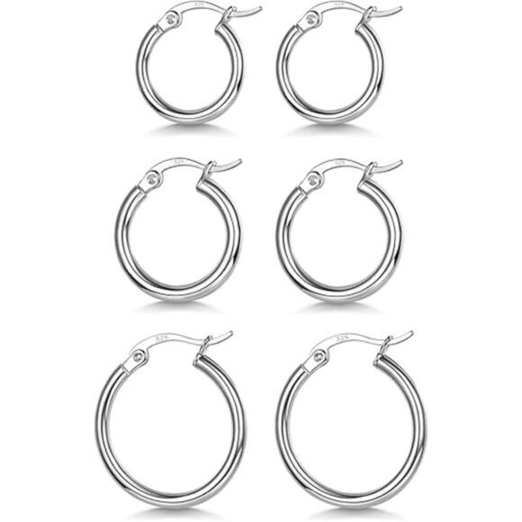 New 3 Pairs 925 Sterling Silver Hoop Earrings | Small White Gold Plated Hoop - Picture 7 of 7